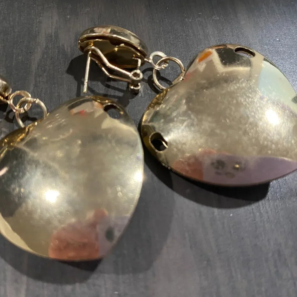 Gold Brush Metal Purple Stone Industrial Modernist Artsy Steampunk Earrings 2,5